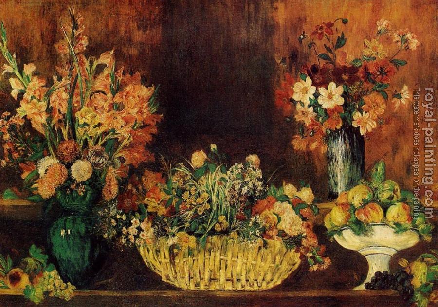 Pierre Auguste Renoir : Vase, Basket of Flowers and Fruit